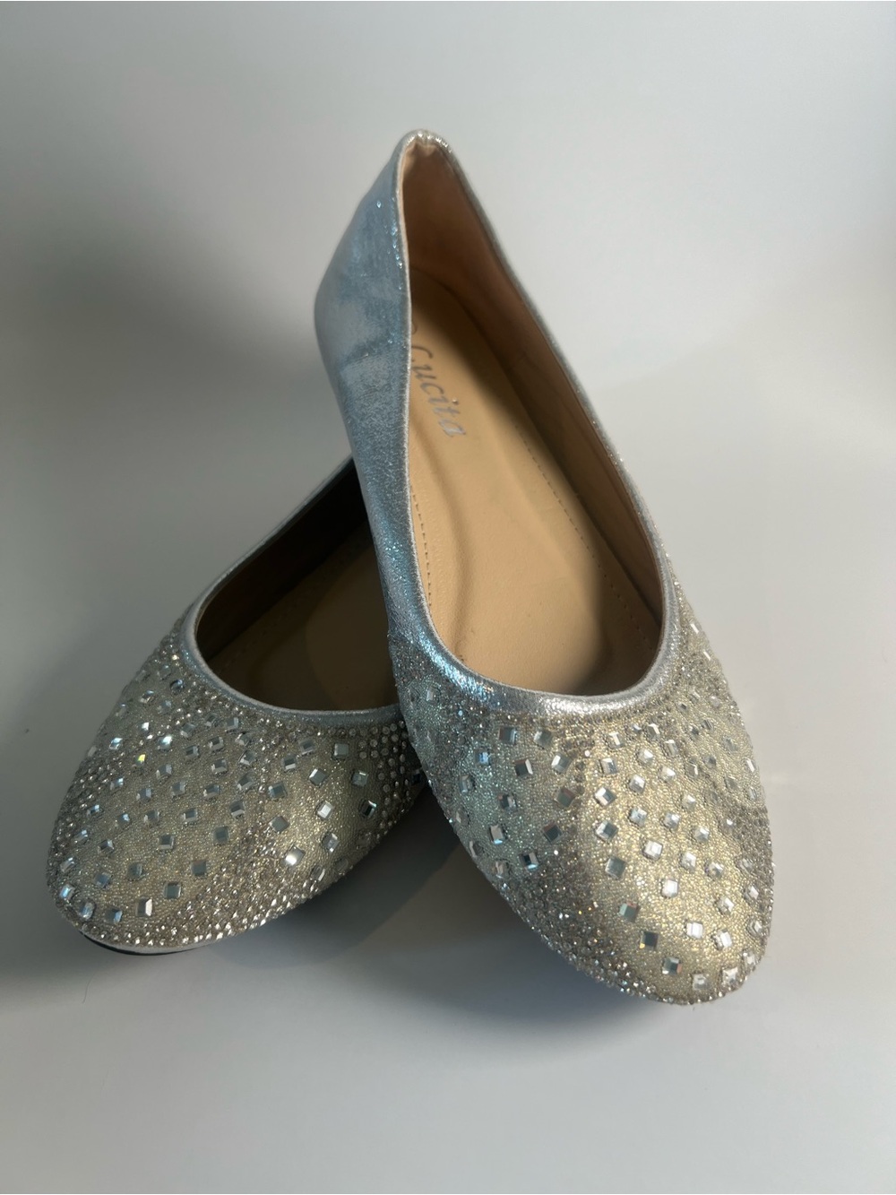 Crystal-Embellished Silver Ballet Flats for Women Size 7.5
